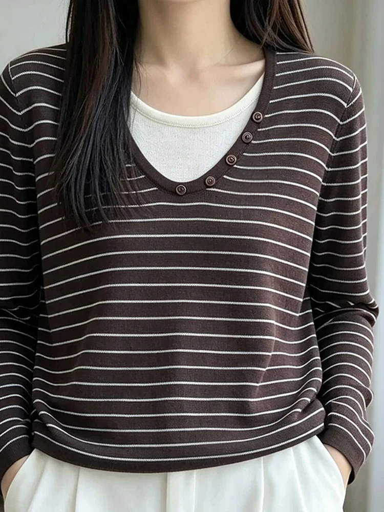 Loose Casual Women's Knitted Base Layer Top Color Block Striped Inner Wear Korean Style Anti-Aging Sweater Female Fashion