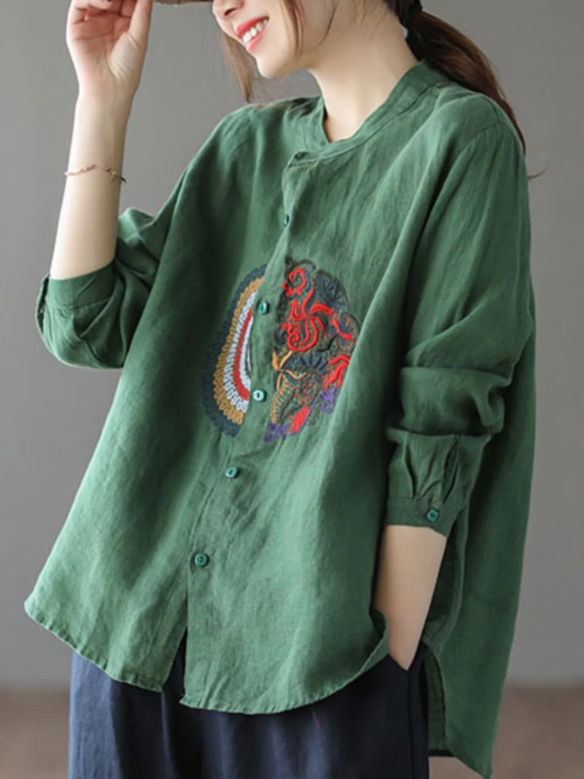 Csa de Manga Larga Bordada de Estilo Étnico Retro, Ropa Casual de Primavera para Mujer, Csa Hoada con Botones de Colo...