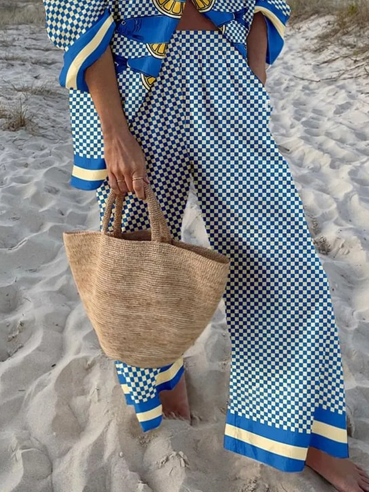 

Fashion Print Long Pants Lady Holiday Boho Beach Womens Clothing Casual Pockets Wide Leg Pants For Women Y2k Clothes Spring New