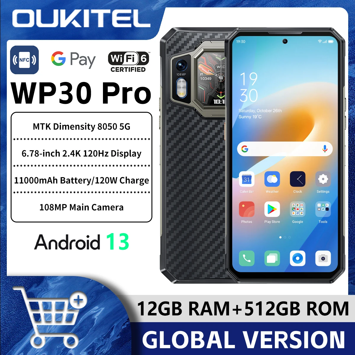 Oukitel WP30 Pro 5G Rugged Smartphone 12GB+512GB 120W Android13 Mobile Phone 11000mAh 6.78