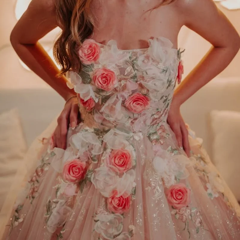 

Shiny light pink Quinceanera Dress off-shoulder 3D flower Decal Long tail Vestidos De 15 Quinceanera ﻿Customize