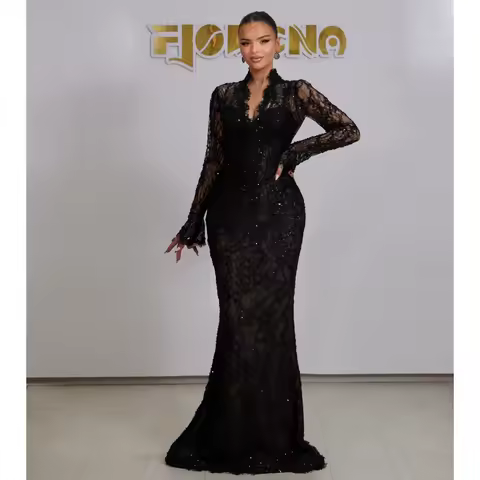 Lace Mermaid Evening Dresses Long Sleeves Sequins Maxi Gown Illusion Corset Wedding Party Dress Customized Formal Vestidos