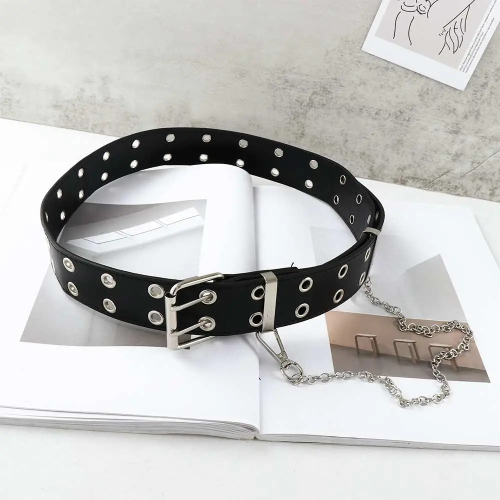 Luxe persoonlijkheid legering lange pin gesp vrouwen dubbele rij lederen riem riem ketting jeans decoratieve taille riem