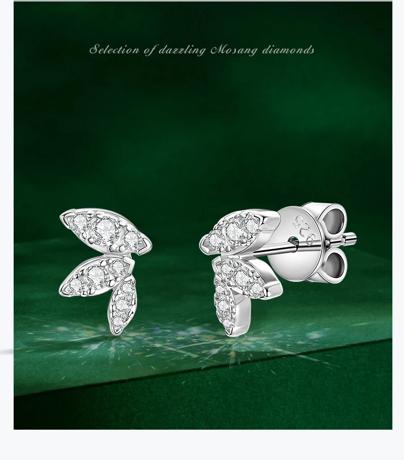 S925 Silver Leaf Butterfly D Color  Moissanite Stud Earrings  925 Sterling Silver for Women Jewelry Piercing