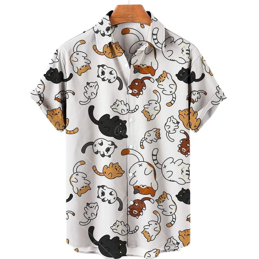 Camisa masculina e feminina Animal Cat com estampa 3D, moda casual, mangas curtas, lapela de botão, streetwear, roupas unissex extragrande