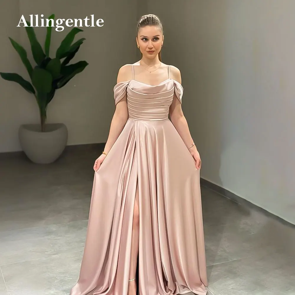 

Pink Spaghetti Straps A-Line Prom Dresses Off-the-Shouder Pleats Satin Elegant Arabic Evening Formal Gown for Wedding Customized