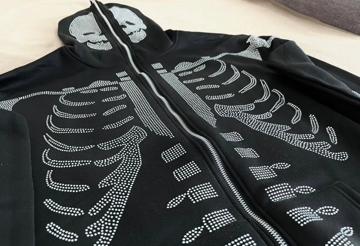 Full Zip Rhinestone Skeleton Goth Hoodie Y2k Long Sleeve Oversized Sweatshirts Hip Hop Grunge Men Hoodies Sport Coat Sudaderas