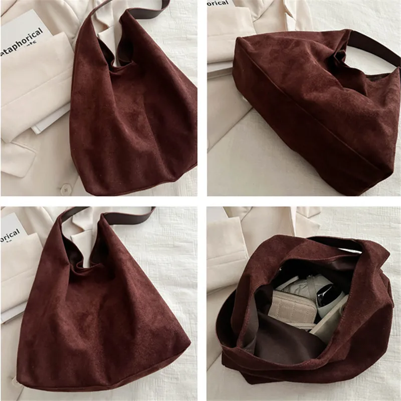 

Faux Suede Women's Bag, Fashion Simple Large Capacity Korean Version Trendy Casual Shoulder Armpit Bag Pure Color Retro Tote Bag