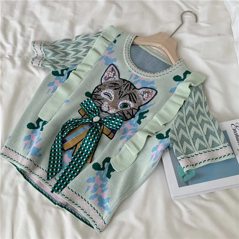 2024 Harajuku Diamonds Beaded Cat Bow Embroidery Jumper Tops Sweater Women Ruffles Flower Jacquard Cartoon Short Sleeve Pullover