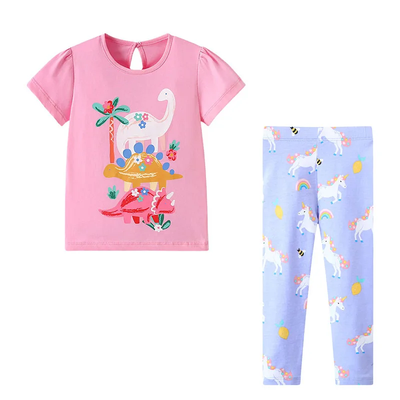 

Jumping Meters Комплекты одежды для девочек Детские костюмы Топы + леггинсы Детский костюм Летняя детская одежда с короткими рукавами и единорогом