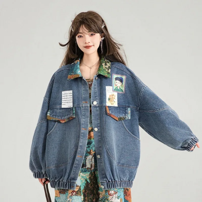 

Джинсовая куртка в стиле ретро для женщин, весна-осень 202, модная жаккардовая куртка с украшением в виде банта, свободное джинсовое пальто с лацканами, женский топ