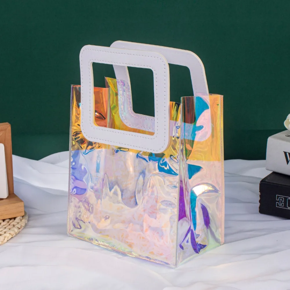 Practical PVC Clear Tote Bag Transparent Square Shape Handle Waterproof Storage Bag Round Shape Handle Hand Gift Bag