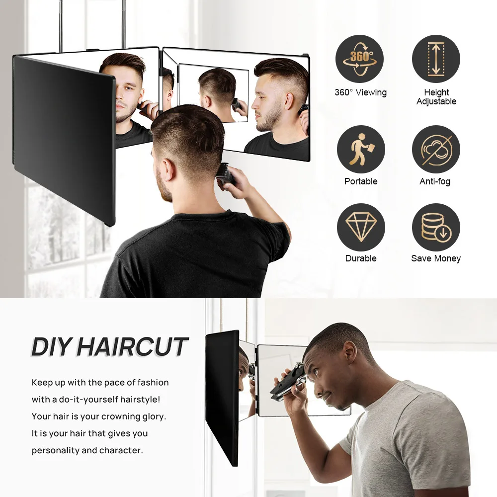 Black Portable 360 Mirror with Height Adjustable Telescoping Hooks Ideal for Self Hair Cutting Makeup Essential Fordable
