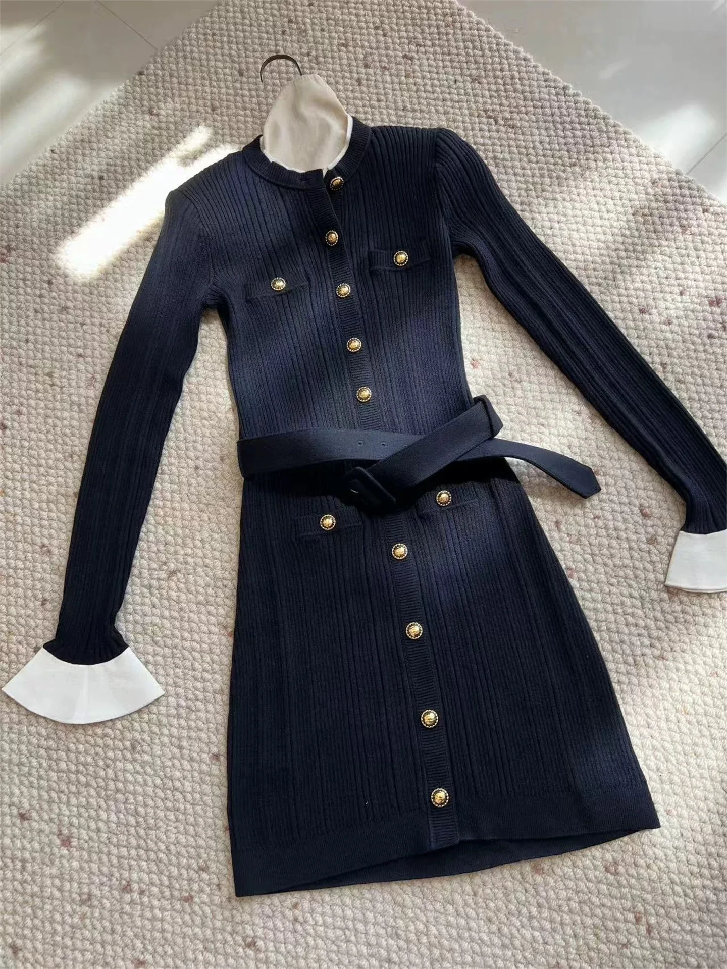 Mulheres mangas largas de malha mini vestido cintura cinched moda temperamento senhora vestido