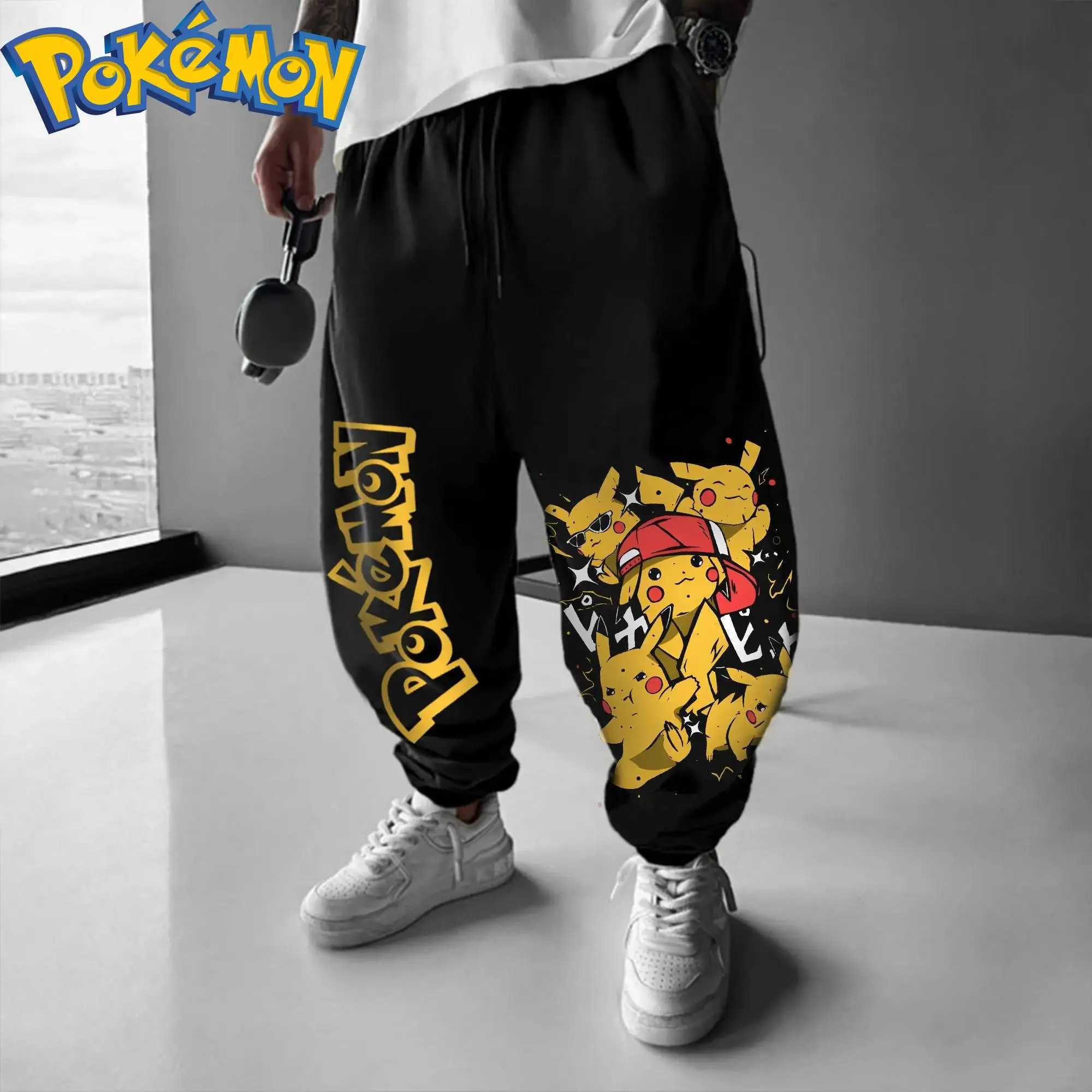 Pokemon Anime Pikachu Felpa con cappuccio in cotone Pantaloni Harajuku Set Stampa di caratteri gialli neri con design a cappello rosso Abito a due pezzi casual