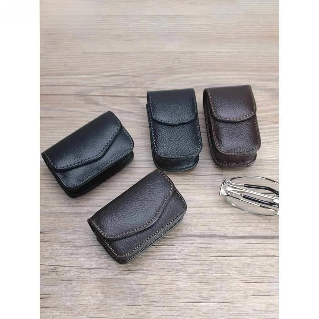 high-end-genuine-leather-eyeglasses-case-foldable-presbyopia-glasses-box-belt-hanging-waist-bag-men's-cowhide-portable-pouch