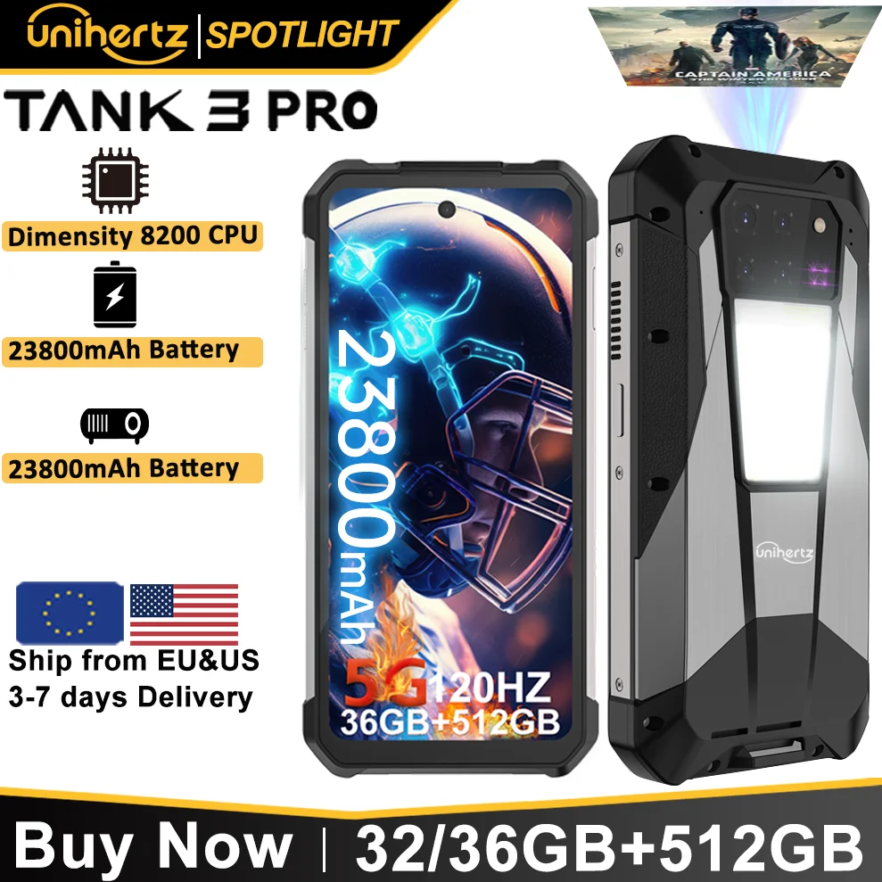 

US EU MX Warehouse Unihertz Tank 3 Pro 8849 с проектором 100 люмен, 5G, 32 ГБ/36 ГБ ОЗУ, 512 ГБ ПЗУ, 23800 мАч, 120 Вт, 200 МП, NFC
