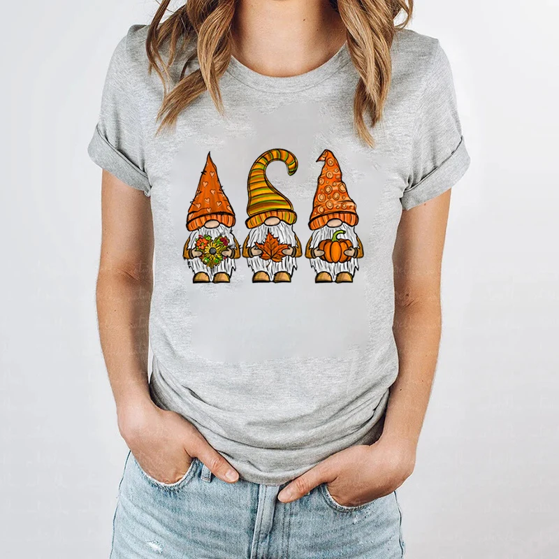 Fall Gnomes T-shirts For Women Fall Tees Gnome T-shirt Casual Short Sleeve Round Neck Tops Happy Halloween Pumpkins T-shirts