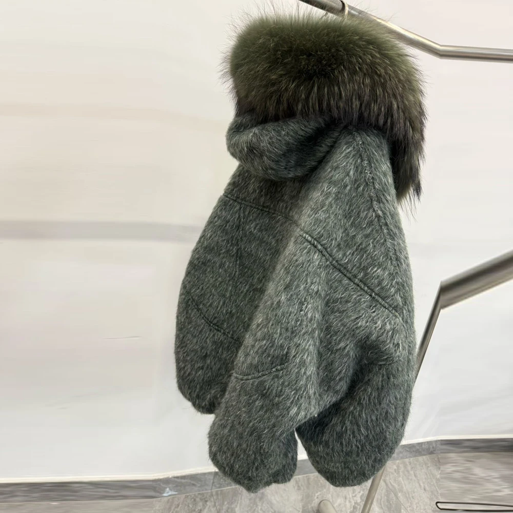 2025, neuer Damen-Wollmantel mit Thiened Ort-Down-Jacet-Pelzkragen, warm, lässig, normal geschnitten, weiße Gänsedaunenfüllung