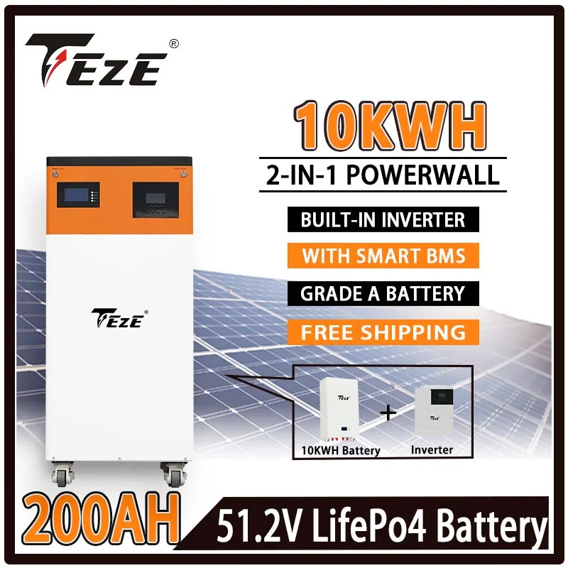 

TEZE 5KWH 7.5KWH 10KWH All-in-One Grade A 51.2V 100AH-200AH LifePo4 Battery Pack Built-in 5KW Inverter BMS 6000 Cycles Powerwall