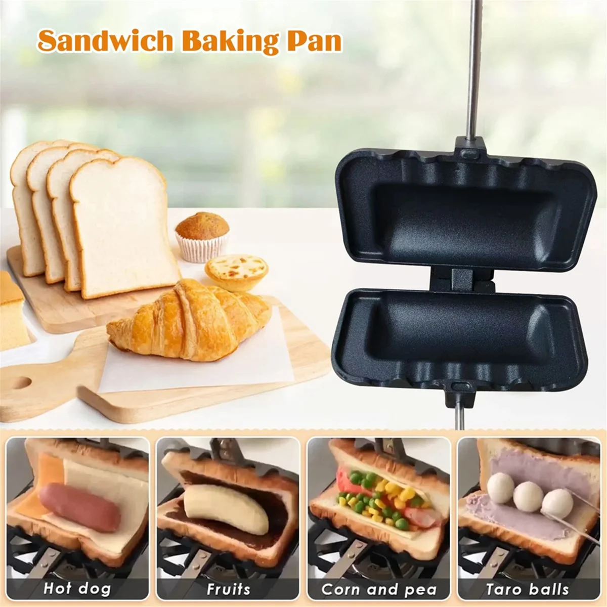 Double-Sided Sandwich Pan Non-Stick Foldable Grill Frying Pan for Breakfast Machine Pancake Maker Bread