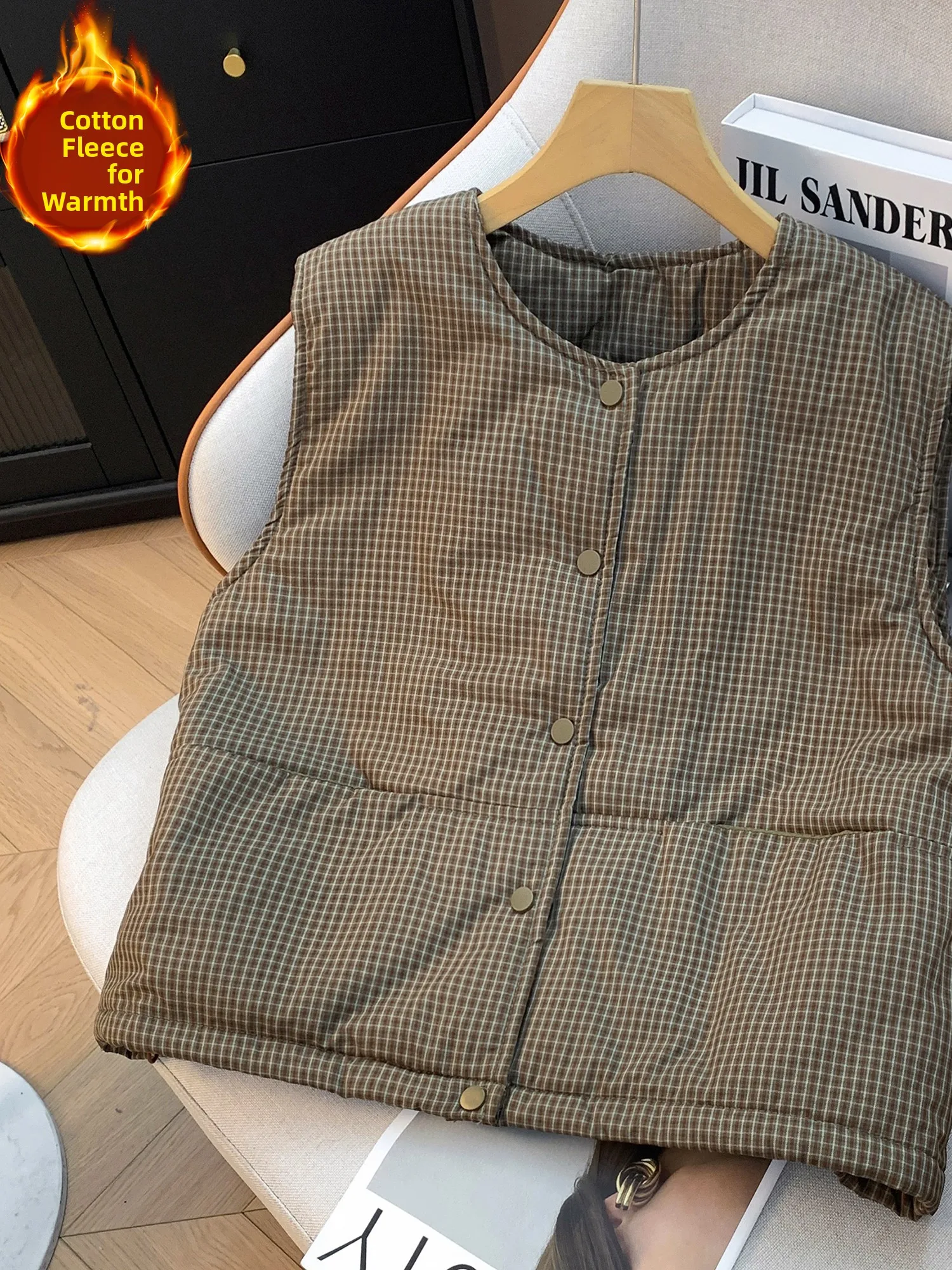 Women's Thickened Cotton Flannel Plaid Vest Autumn Winter Loose Warm Top Button up Sleeveless Retro Style Fashionable Outerwear