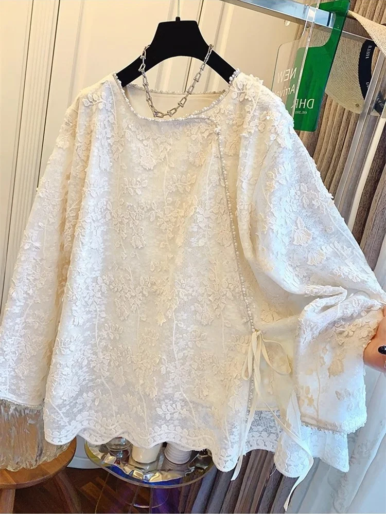 

Новый китайский свободный женский жемчужный кружевной базовый топ, весна-осень, повседневный модный теплый длинный свек, круглый термобелье