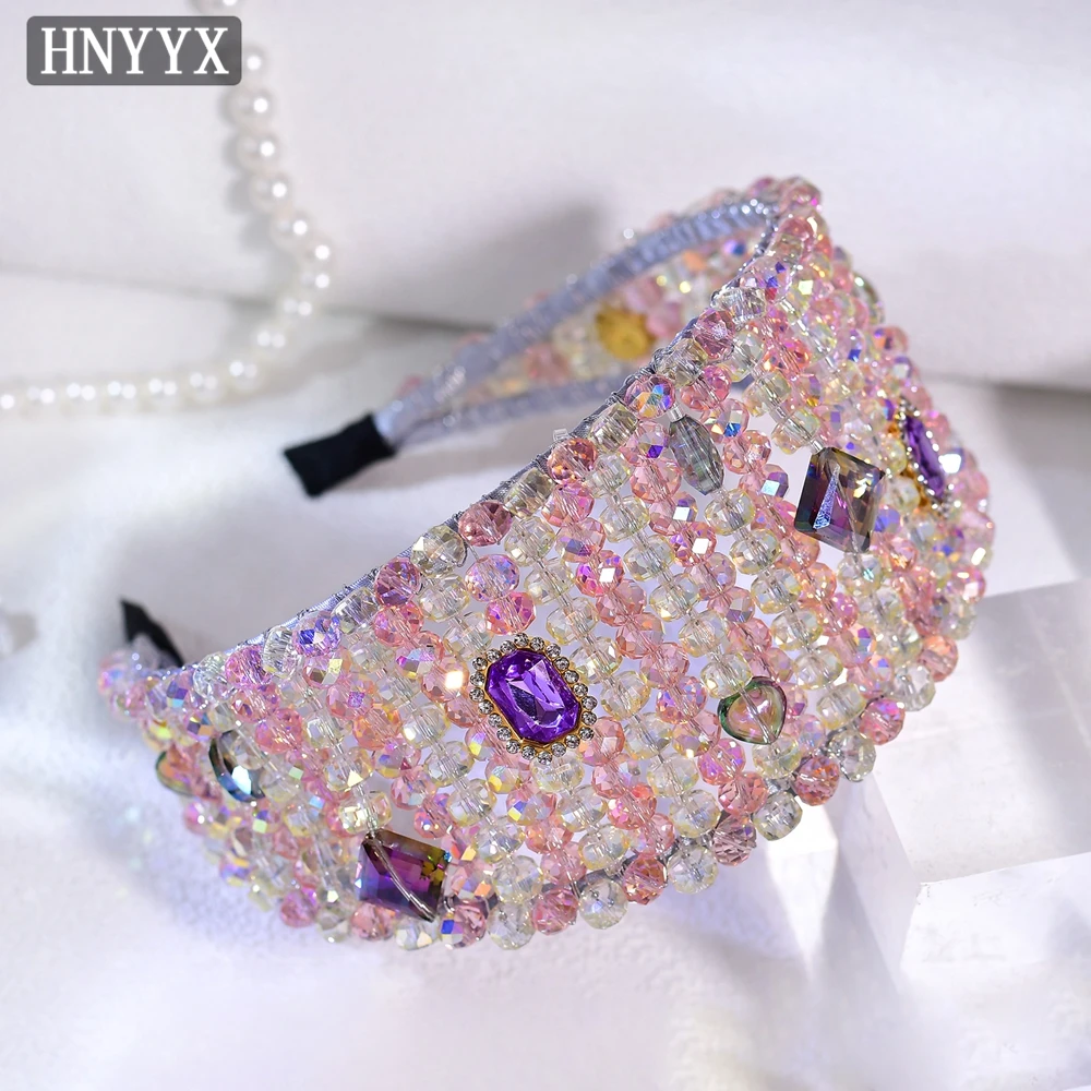 

HNYYX Pink Crystal Women's Wide Hairband Sweet Girl Daily Headdress Birthday Party Dress Up Accessories Wedding Jewellery A328