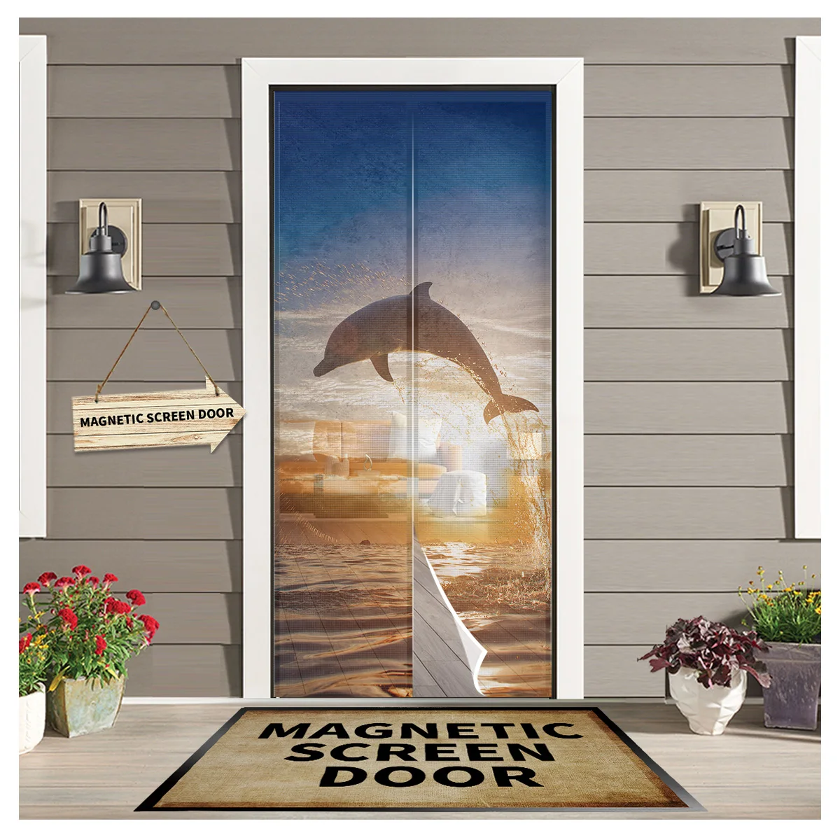 Sea Wave Sunset Dolphin Fish New Bedroom Door Curtain Magnetic Mosquito Screen Kitchen Door Voile Fabric Mosquito Net