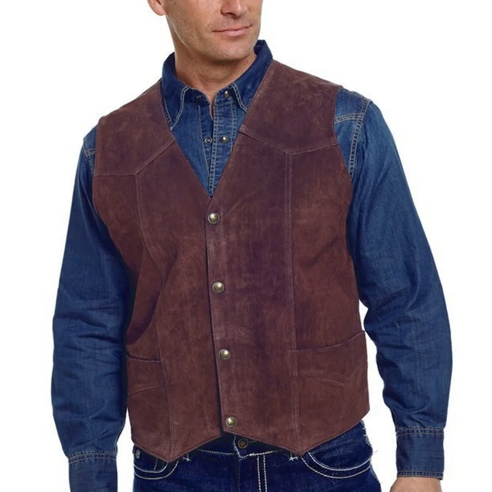 

Men Vest Jacket With Pockets Western Suede Fabric Tailored Gentleman Clothes Steampunk Suits Sleeveless Male Waistcoat