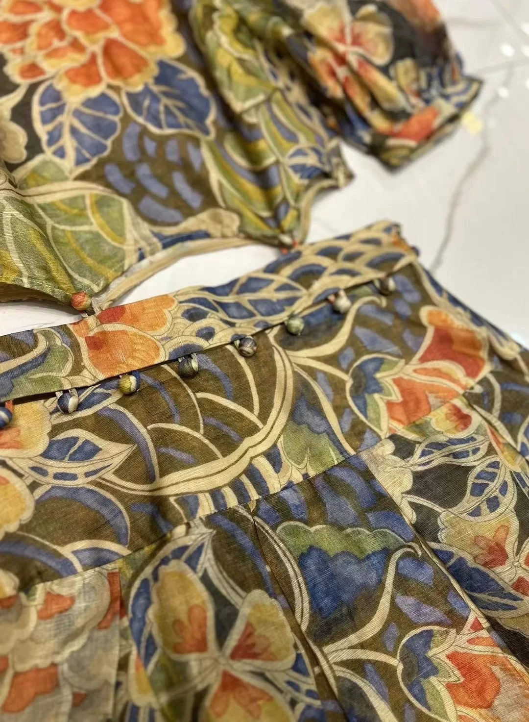 Roben für Damen neue Frühling Sommer Seide Leinen Blume gedruckt O-Ausschnitt Taille Ausschnitt abnehmbare Vintage Kurzarm langes Kleid