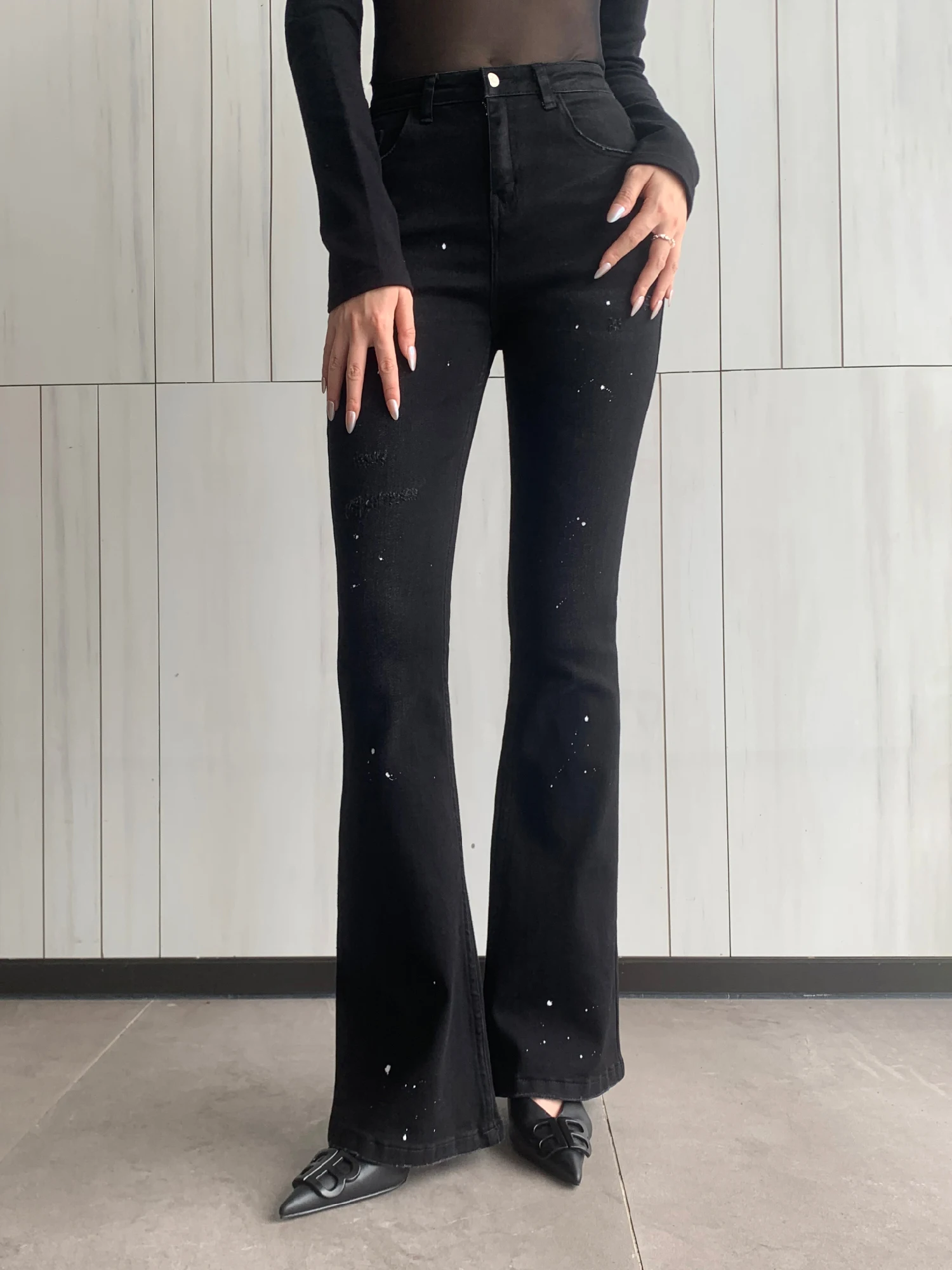 

PAINT SPLASH BLACK JEANS FASHION SENSE OF DESIGN HIGH WAISTED SLIM MICRO-FLARE PANTS FOR WOMEN - FORGUNROSES