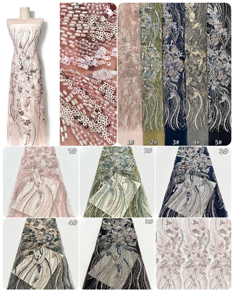 5Yards Luxury African Sequins Groom Lace Fabric 2025 High Quality French Nigerian Beaded Lace Fabric For Wedding Dress