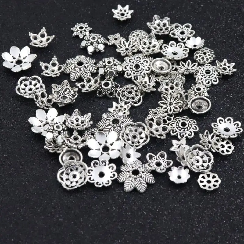 

8mm-15mm 100pcs Antique Silver Mixed Beads Caps For Jewelry Findings Flower Hollow Out Bead End Diy Accessories Handmade Jewelry