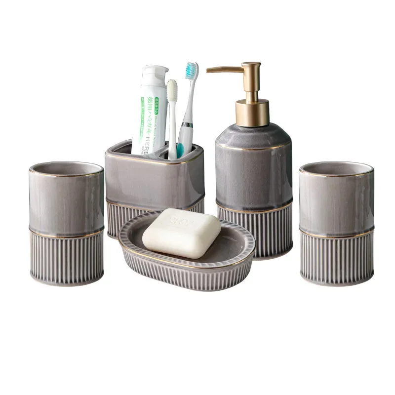 Grey Ceramic Bathroom Kit Five Piece Soap Dispenser and Mouthwash Cup Set Modern Home Accessory Dish Wash