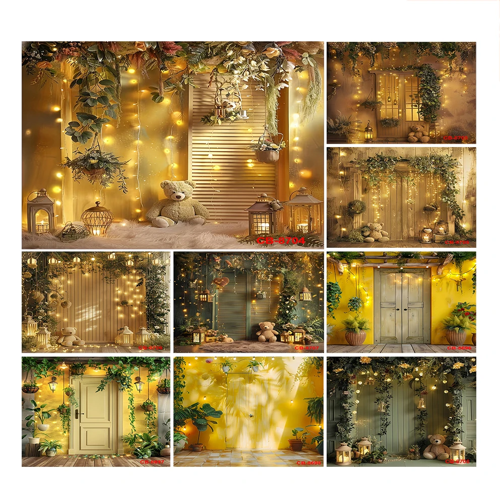 Photography Background Hanging Floral Golden Panel Toy Bear Wall Adult Birthday Maternity Portrait Decor Backdrop Photo Studio