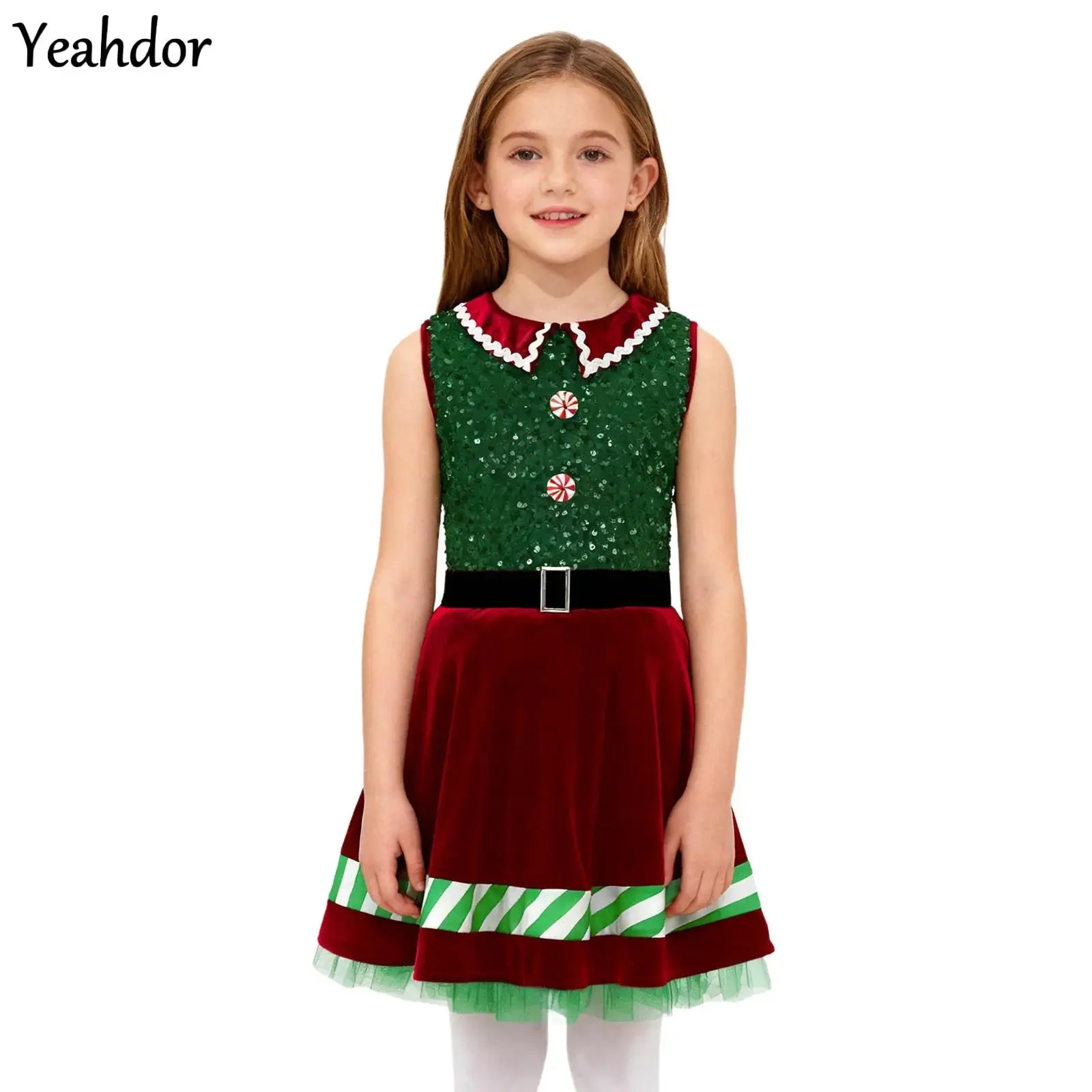 

Girls Christmas Candy Cane Ballet Tutu Dress Sleeveless Sequin Figure Skating Leotard Festive Xmas Elf Dress Santa Claus Costume