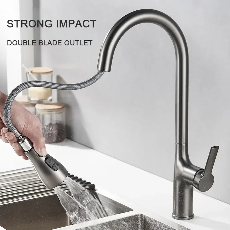 Three Outlet Mode Kitchen Faucets Brushed Nickel Kitchen Sinks Single Handle Pull Out Mixer Hot and Cold Water 360 Rotation Grey
