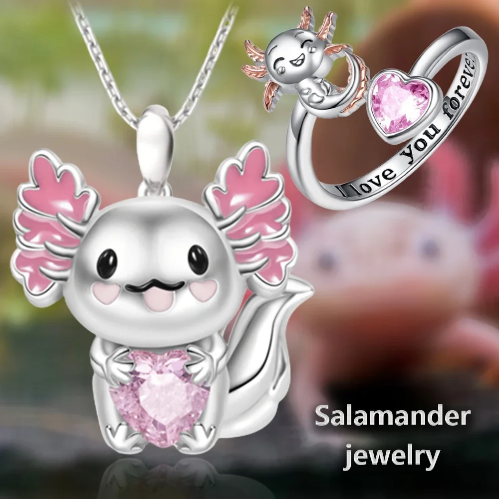 2Pcs/Set Cute Salamander Pendant Necklace Open Ring Exquisite Women's Cartoon Animal Jewelry Girl Party Decoration Perfect Gift