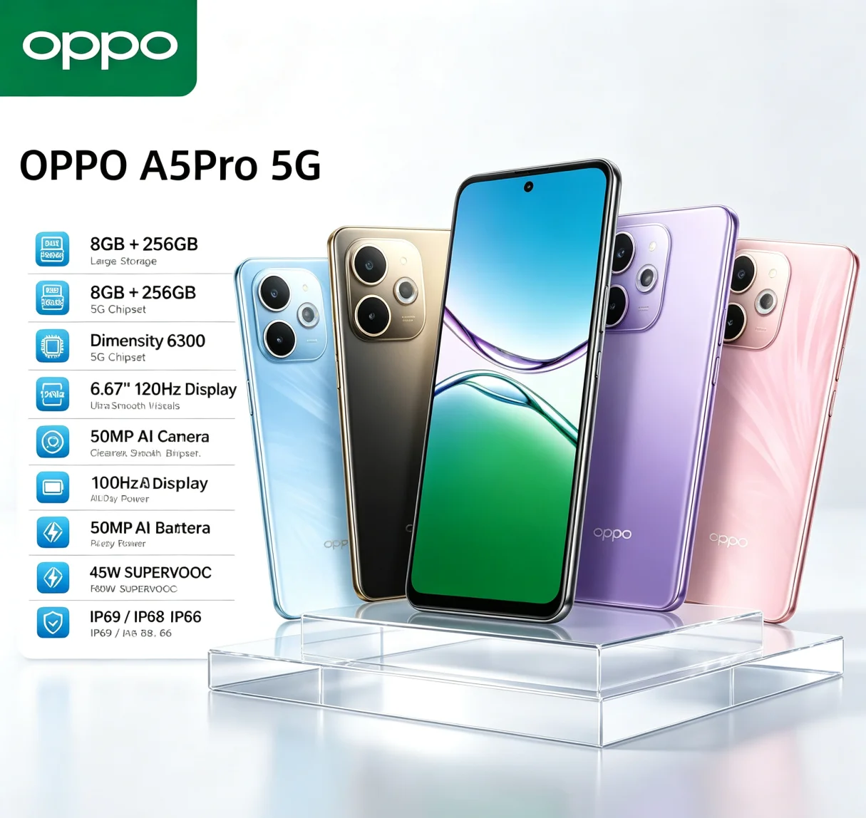 Hot Selling 2026 OPPO A5Pro Global Unlocked Android Cellphone 8GB+256GB Large Memory 6.5'' HD+ Waterdrop Screen MediaTek Helio