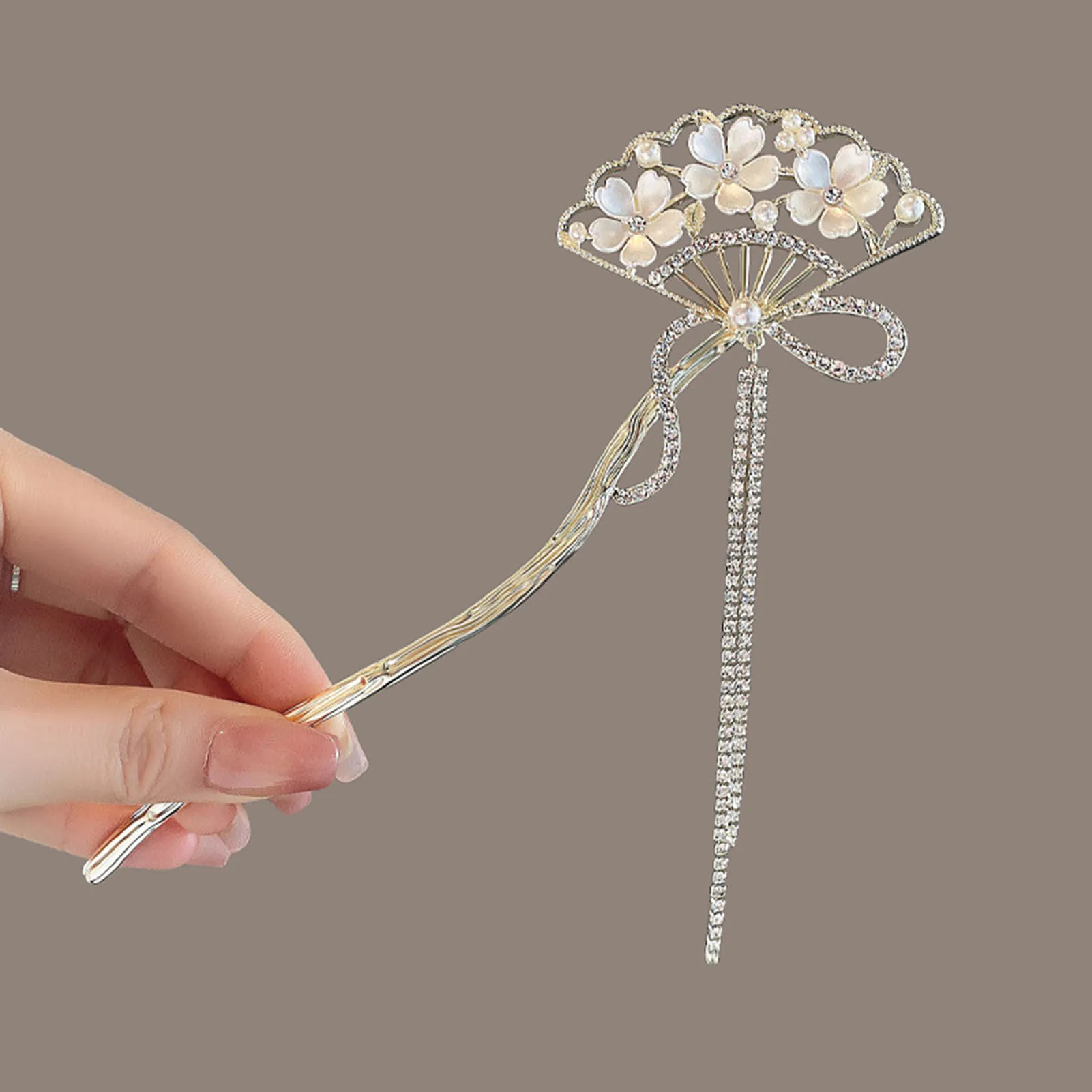 Horquilla de pelo vintage con forma de abanico y flores, pasador de pelo chino Hanfu con borlas para decoración de Cheongsam, joyería retro para moños de novia y boda
