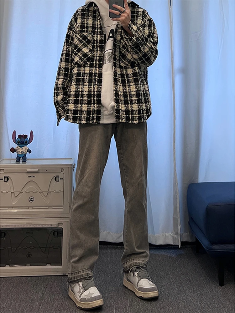 

Джинсы из денима Ay Cement в американском уличном стиле, модные мужские брюки для подростков, осенние, с высокой талией, на молнии, прямого кроя