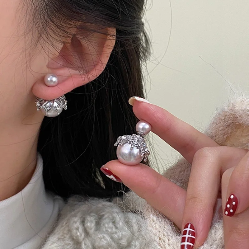 Front Back Dual Wear Pearl Ear Studs Sparkling Zircon Ornate Elegant Bridal Daily Wear Ear Accessories For Ladies