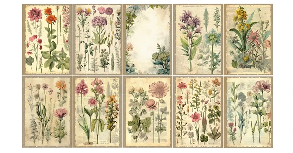 أوراق الصباغة اليدوية غير المرغوب فيها مجلة خمر كتالوج النبات الزخرفية وصمة عار الزهور المواد داخل الصفحة ورق خلفية