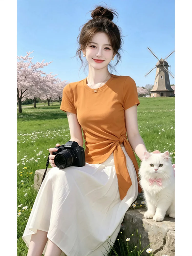 

Orange Side Tie Waist Short Sleeve Knitted T-Shirt Women's Summer Slim Fit Casual Style High Waist round Neck Top