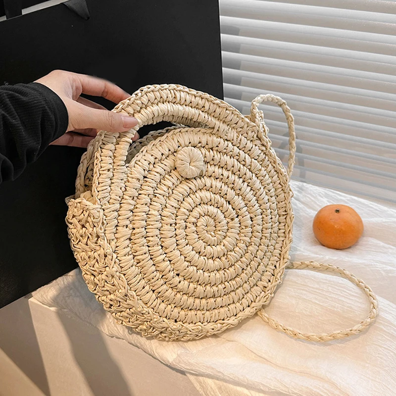 Neue schöne runde Stroh-Umhängetasche, handgefertigt, gewebt, Umhängetasche für Frauen, Sommer-Strandtasche, Böhmen, Reise, kleine Handtasche und Geldbörse