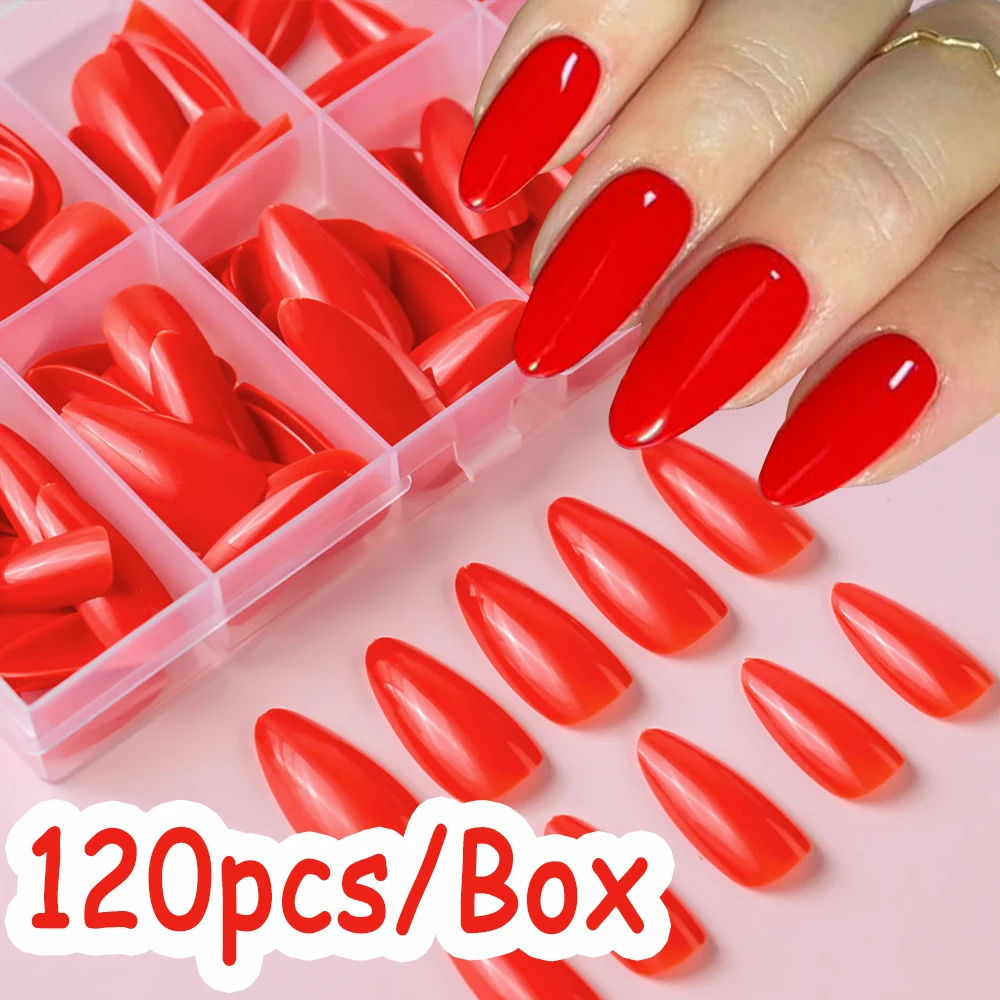 120 Uds. De uñas postizas brillantes con esmalte rojo, diseño corto de almendra, uñas postizas artificiales inofensivas, regalos de San Valentín para mujeres