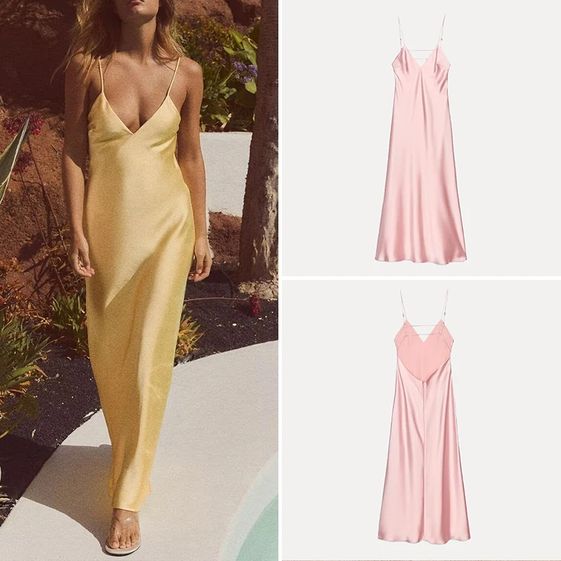 Summer 2025 Women's V-ne Midi Dr Silk Satin Texture Midi Dr European Sle No-sve Polyester Fiber Single Piece