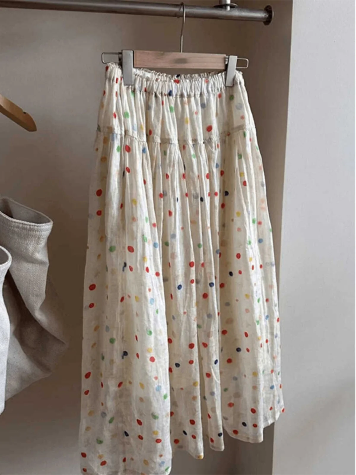 Summer High Waist A-Line Skirt Women's Cotton Linen Half-length Print Retro Style Slimming Midi Skirt for Business Commute