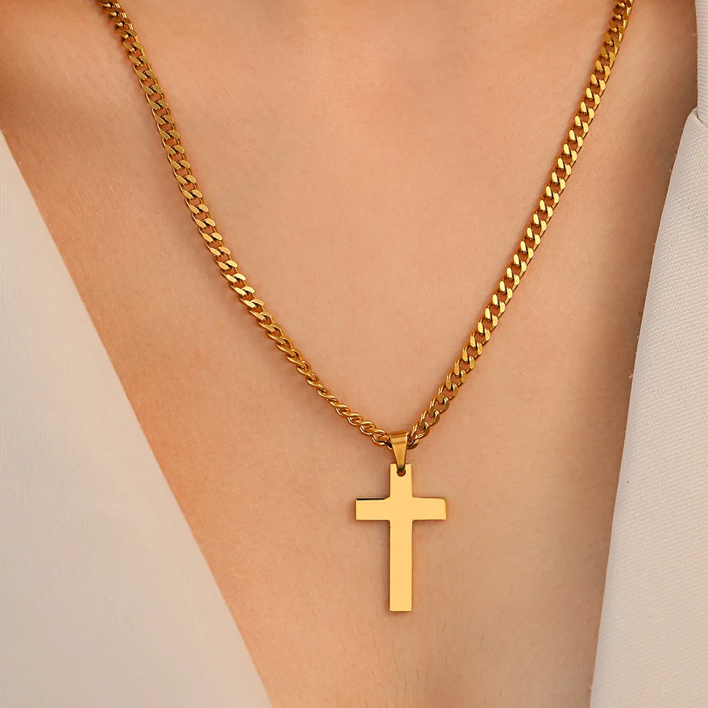 WG 1pc Stylish Stainless Steel Cross Pendant Niche Hip-Hop Style Cross Necklace  Sweater Chain Jewelry